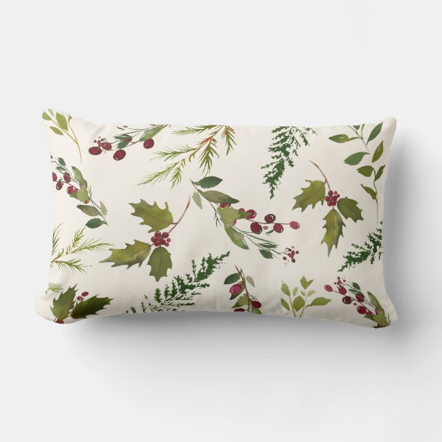 Elegant Winter Holly Berry Greenery Christmas Lumbar Cushion (Front)
