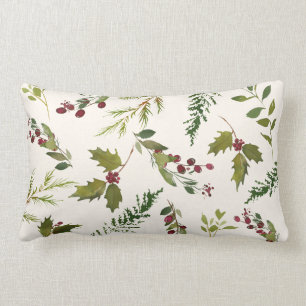 Elegant Winter Holly Berry Greenery Christmas Lumbar Cushion