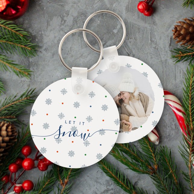 Elegant winter Let it snow custom photo Key Ring (Custom photo keychain with elegant snowflakes and dots - let it snow)