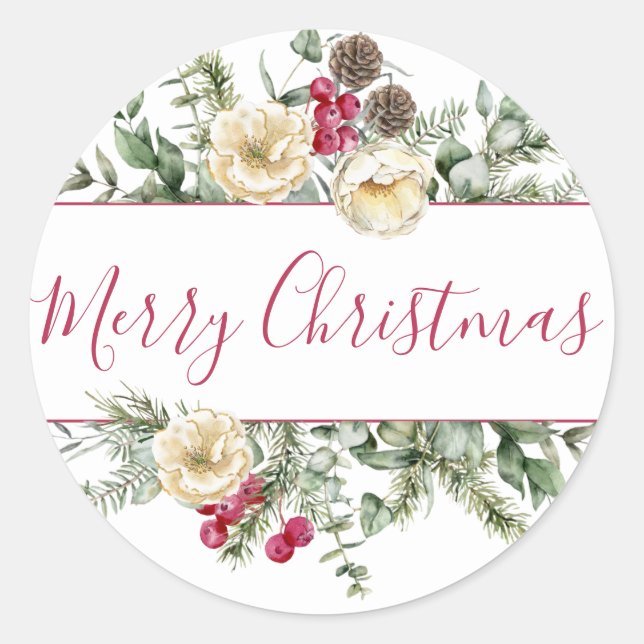 Elegant Winter Magnolia and Foliage Holiday Classic Round Sticker (Front)