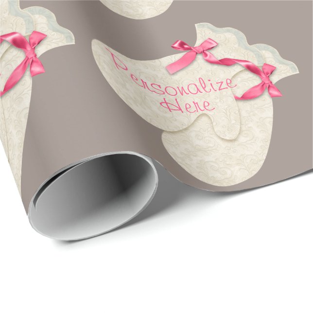 Elegant winter mitten ribbon lace cream pink taupe wrapping paper (Roll Corner)