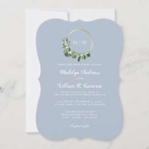 Elegant Winter Monogram Blue Scalloped Wedding Invitation
