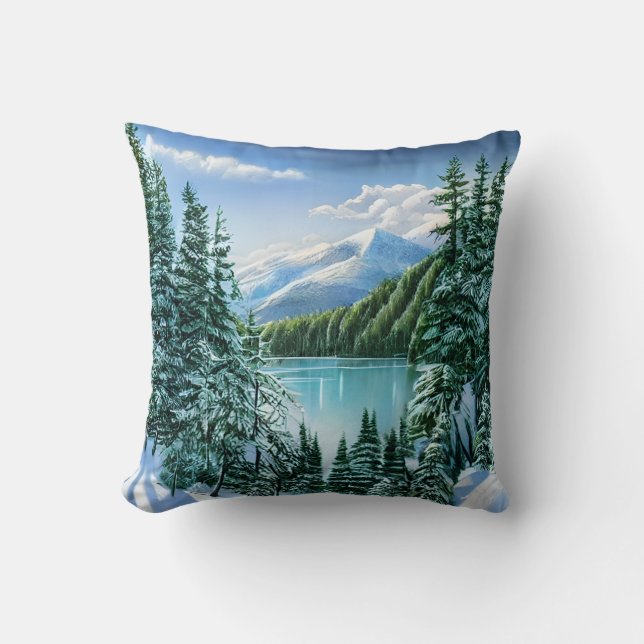 Elegant Winter Mountain Lake Pine Trees Nature Cushion (Front)