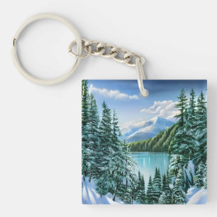Elegant Winter Mountain Lake Pine Trees Nature Key Ring