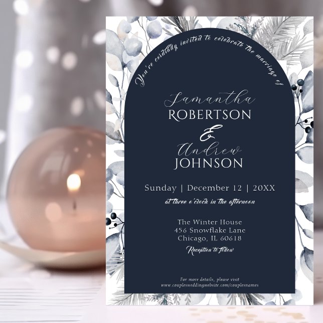 Elegant Winter Navy Blue Botanical Arch Wedding Invitation (Creator Uploaded)