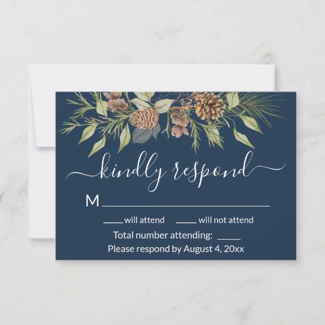 Elegant Winter Navy Blue Pine Wedding RSVP Card (Front)