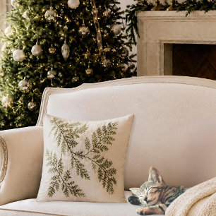 Elegant Winter Neutral Pine Sprig Botanical Throw Cushion