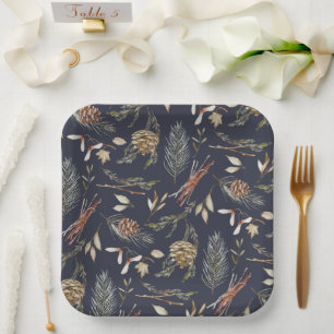 Elegant Winter Paper Plates with Pinecones