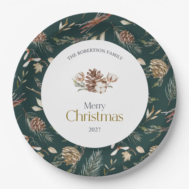 Elegant Winter Paper Plates with Pinecones (Front)