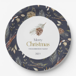 Elegant Winter Paper Plates with Pinecones