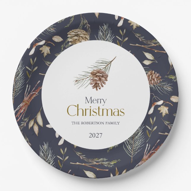 Elegant Winter Paper Plates with Pinecones (Front)