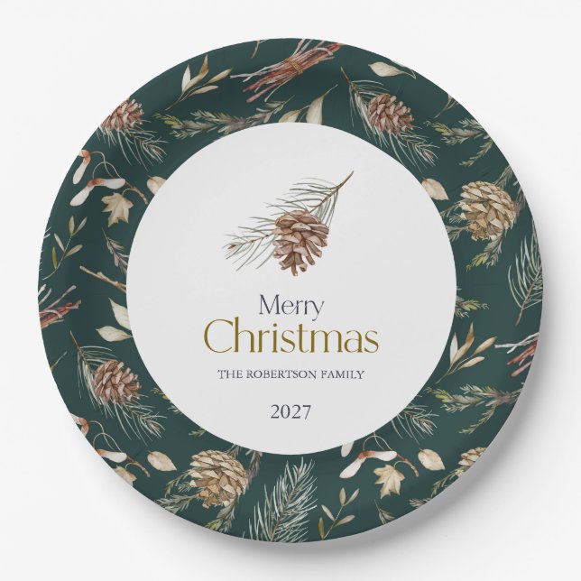 Elegant Winter Paper Plates with Pinecones (Front)