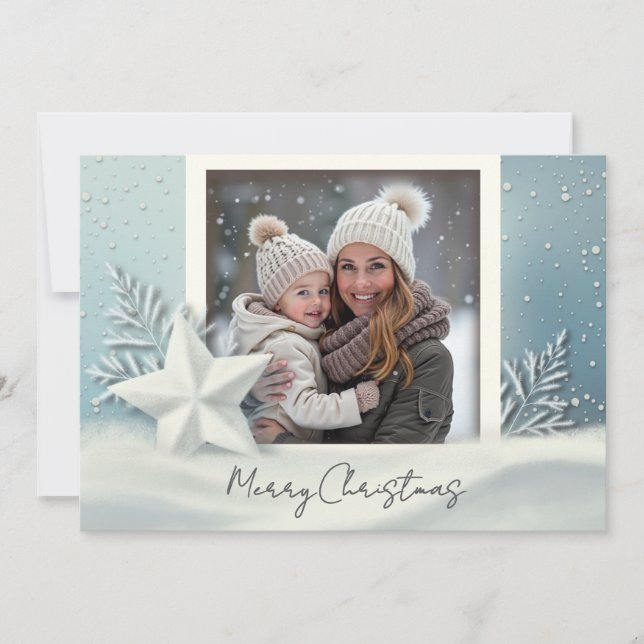 Elegant Winter Photo Christmas Card with Snow (Front)