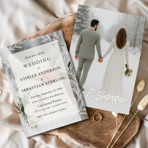 Elegant Winter Photo Floral Script Wedding Invitation