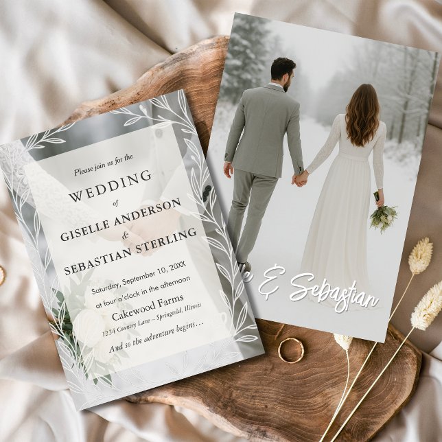 Elegant Winter Photo Floral Script Wedding Invitation (Creator Uploaded)