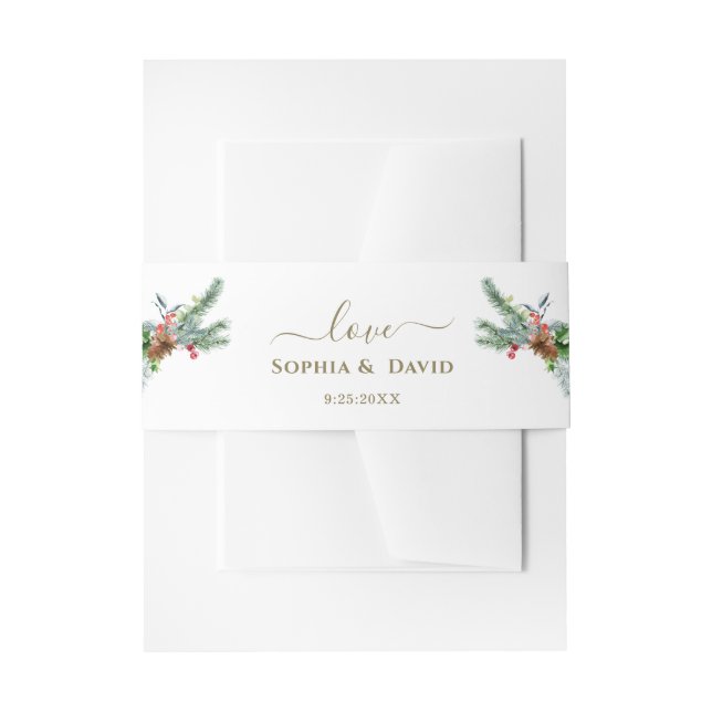Elegant Winter Pine Berry Christmas Wedding  Invitation Belly Band (Front Example)