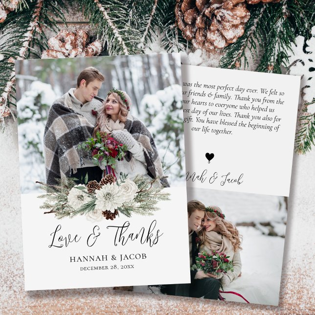 Elegant Winter Pine Cone Wedding Photo Thank You Card (Creator Uploaded)