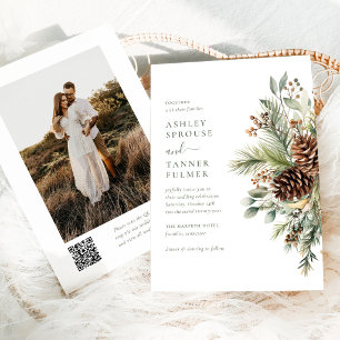 Elegant Winter Pine Greenery QR Code Photo Wedding Invitation