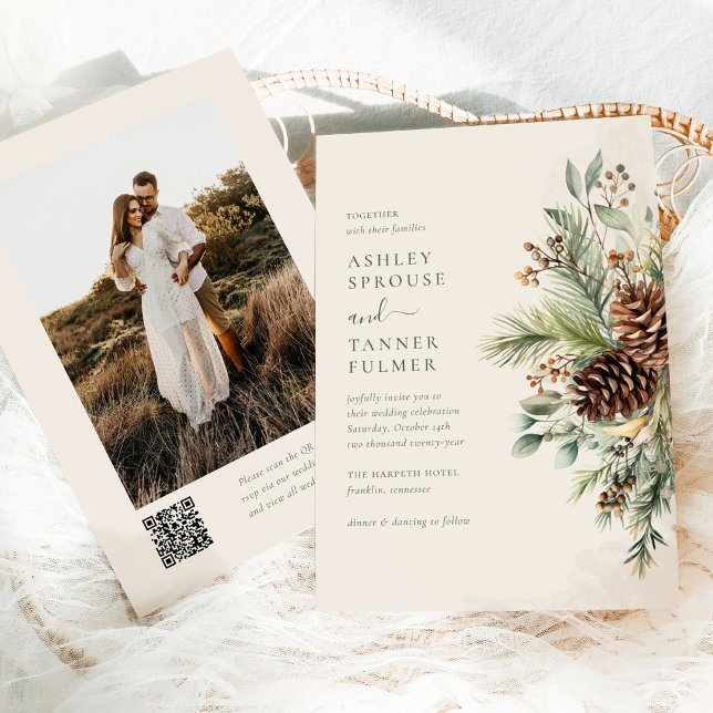 Elegant Winter Pine Greenery QR Code Photo Wedding Invitation (Creator Uploaded)