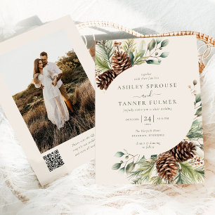 Elegant Winter Pine Greenery QR Code Photo Wedding Invitation