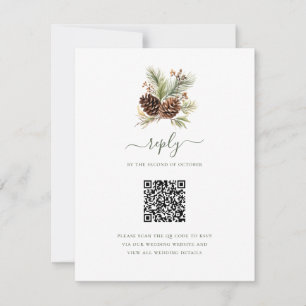 Elegant Winter Pine Greenery QR Code Wedding RSVP Card