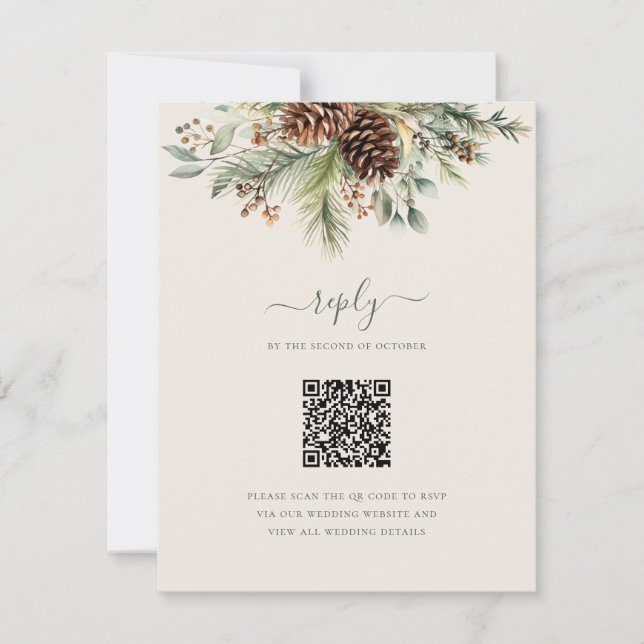Elegant Winter Pine Greenery QR Code Wedding RSVP Card (Front)