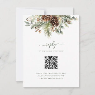 Elegant Winter Pine Greenery QR Code Wedding RSVP Card