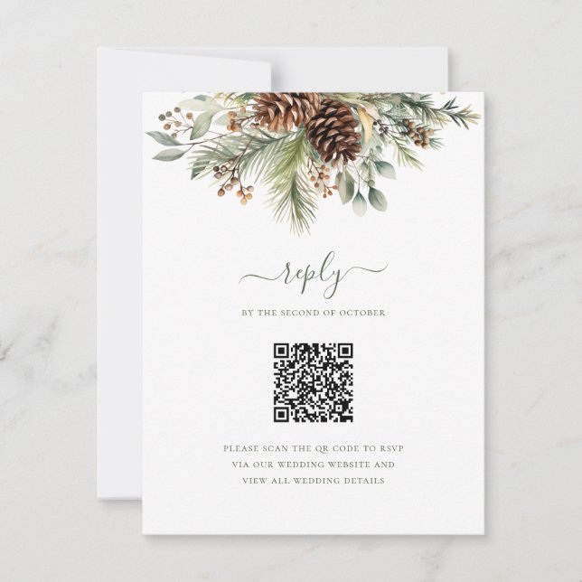 Elegant Winter Pine Greenery QR Code Wedding RSVP Card (Front)