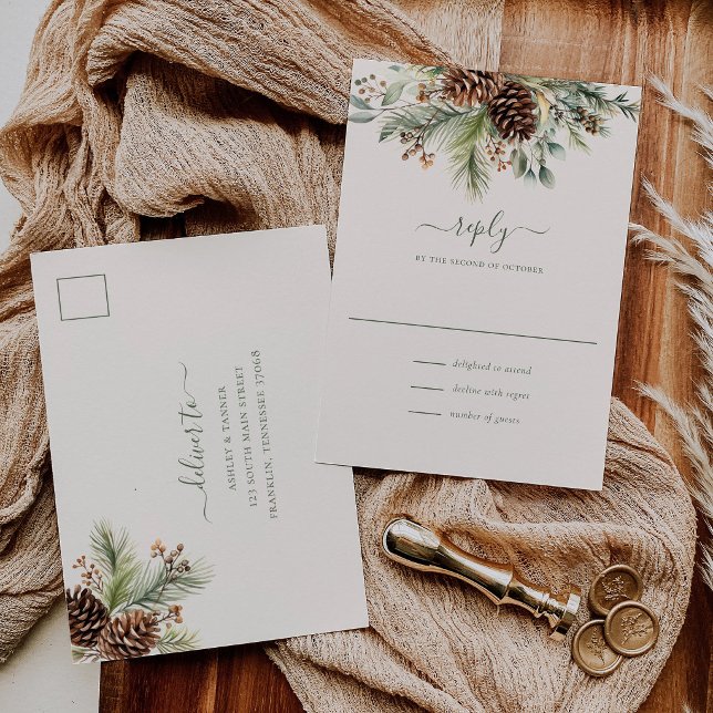 Elegant Winter Pine Greenery RSVP Postcard (Creator Uploaded)