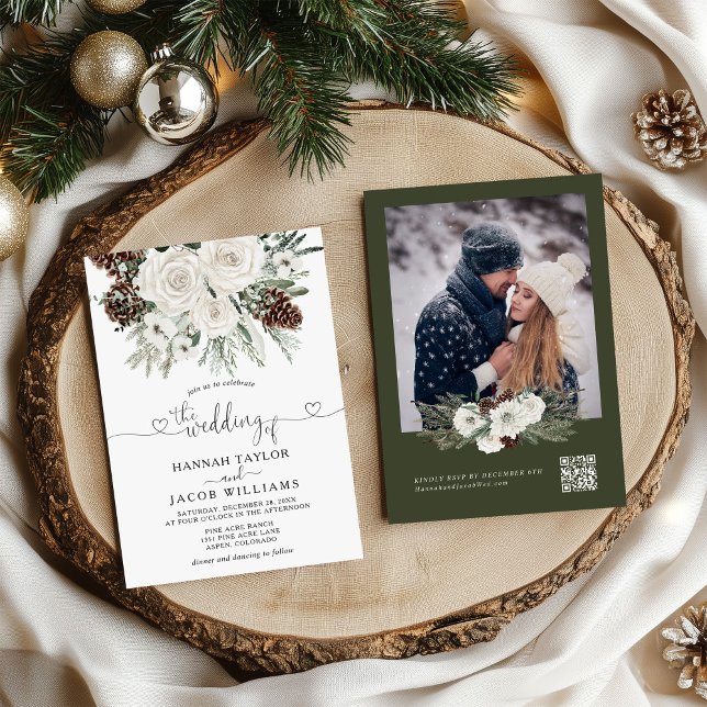 Elegant Winter Pine QR Code RSVP Wedding Invitation (Creator Uploaded)