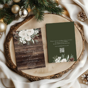 Elegant Winter Pine QR Code RSVP Wedding Invitation