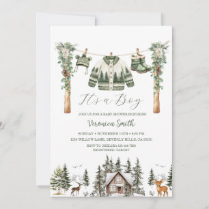 Elegant Winter Pine Tree Clothes Line Baby Shower Invitation