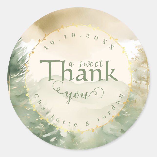 Elegant Winter Pine Tree Forest Wedding Thank You Classic Round Sticker (Front)