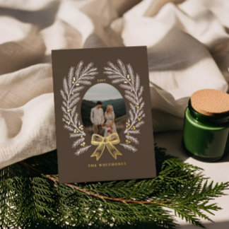 Elegant Winter Pine Tree Wreath Bow Photo Frame Foil Holiday Card