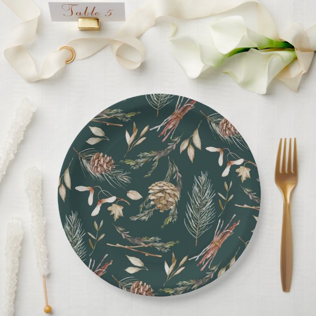 Elegant Winter Pinecones and Evergreen Paper Plate (Wedding)