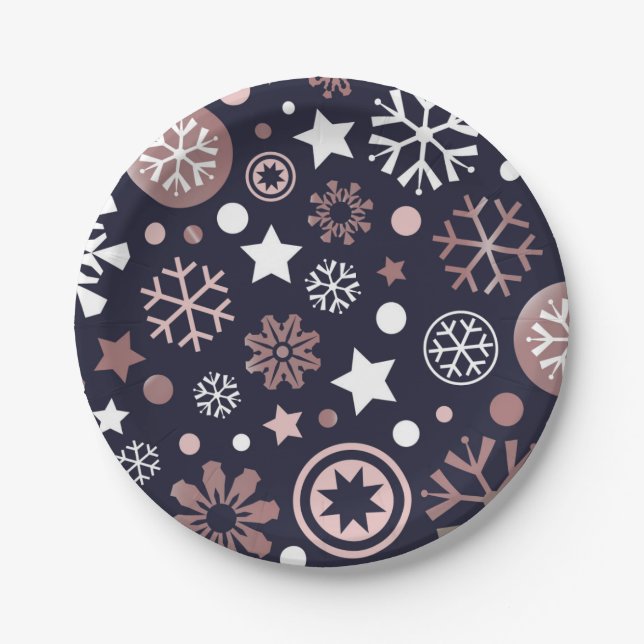 Elegant winter pink metallic snowflakes paper plate (Front)