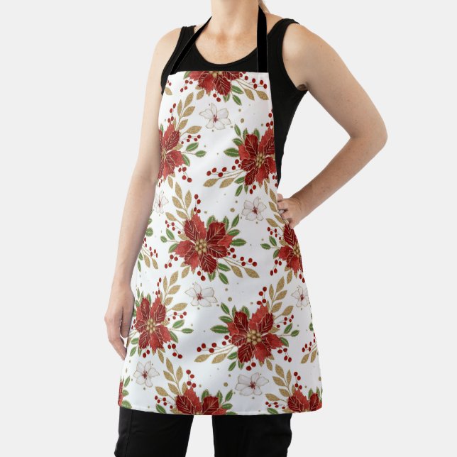 Elegant Winter Poinsettia Floral Pattern Apron (Insitu)