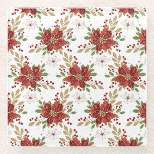 Elegant Winter Poinsettia Floral Pattern Glass Coaster