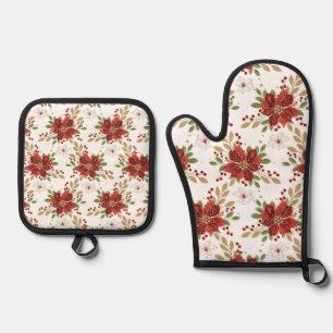 Elegant Winter Poinsettia Floral Pattern Oven Mitt & Pot Holder Set