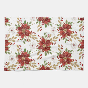 Elegant Winter Poinsettia Floral Pattern Tea Towel