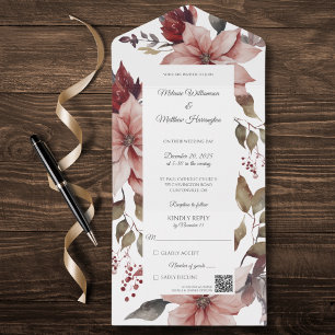 Elegant Winter Poinsettia on White QR Code All In One Invitation