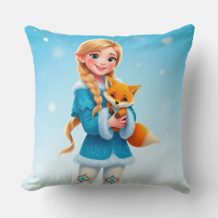 Elegant Winter Princess Holding a Cute Fox Cushion