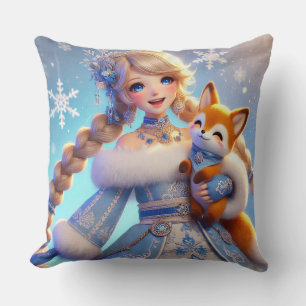 Elegant Winter Princess Holding a Cute Fox Cushion