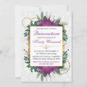 Elegant Winter Purple Poinsettia Quinceanera Invitation