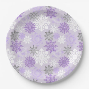 Elegant Winter Purple Silver Glitter Snowflakes Paper Plate