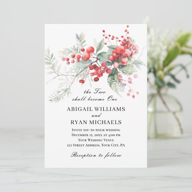 Elegant Winter Red Berries Christian Wedding Invitation (Standing Front)