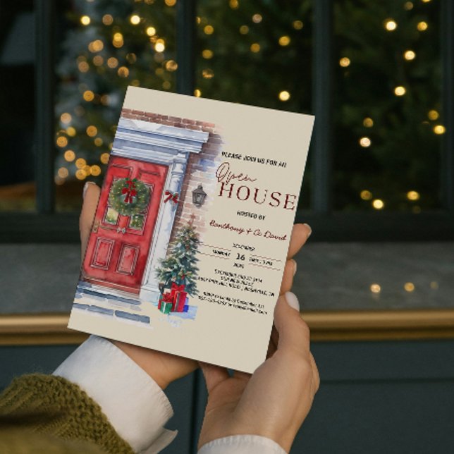 Elegant Winter Red Door Logo Open House Christmas  Invitation (Elegant Winter Red Door Logo Open House Christmas Invitation organizing corporate or community )