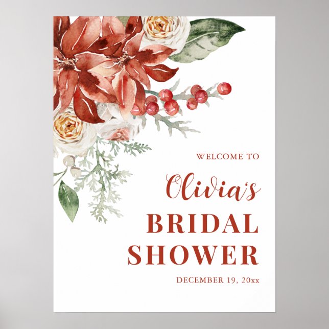 Elegant Winter Red Greenery Bridal Shower Welcome Poster (Front)
