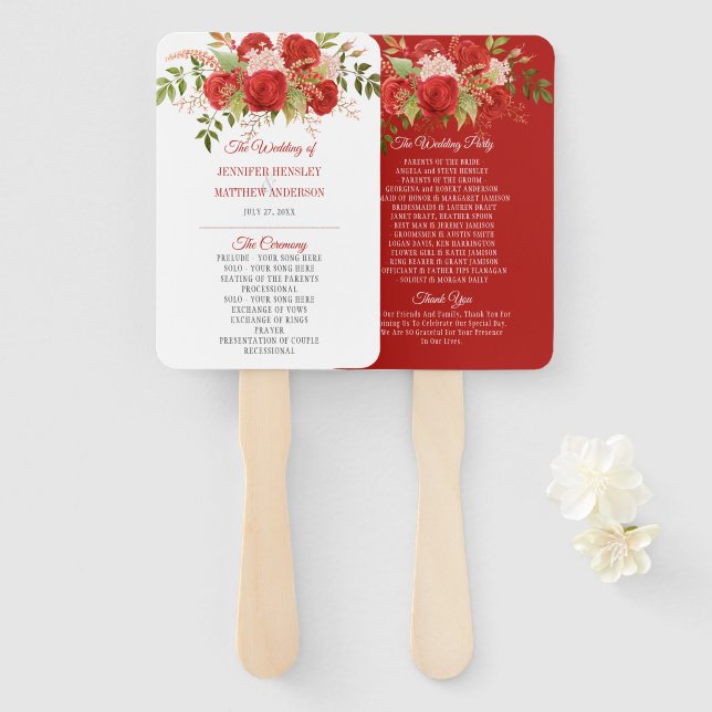 Elegant Winter Red Roses and Greenery Wedding | Hand Fan (Front and Back)