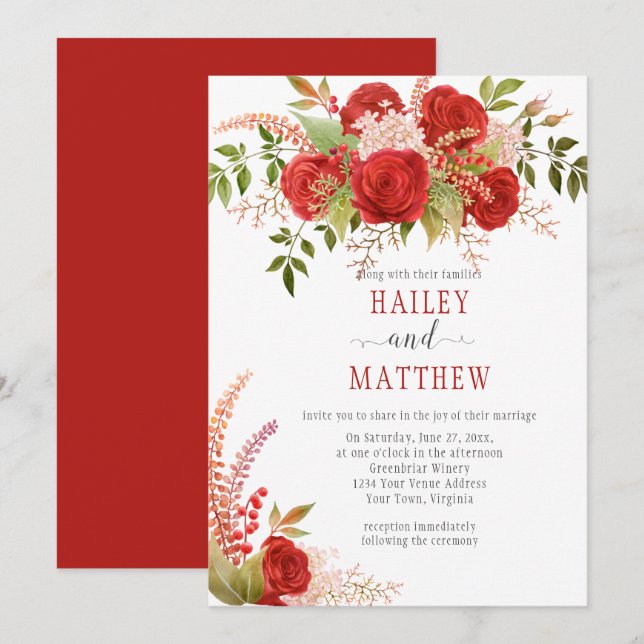 Elegant Winter Red Roses and Greenery Wedding | Invitation (Front/Back)